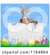 Poster, Art Print Of Brown Bunny Pointing To A Sign Over Easter Eggs