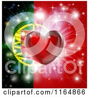 Shiny Red Heart And Fireworks Over A Portugese Flag