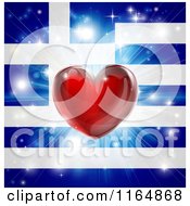 Shiny Red Heart And Fireworks Over A Greek Flag