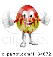 Cartoon Of A Red And Green Easter Egg Mascot Holding Two Thumbs Up Royalty Free Vector Clipart