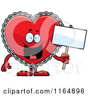 Red Doily Valentine Heart Mascot Holding A Sign