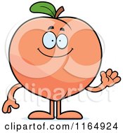 Cartoon Of A Waving Peach Mascot Royalty Free Vector Clipart