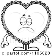 Cartoon Clipart Of A Depressed Doily Valentine Heart Mascot Vector Outlined Coloring Page