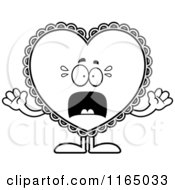 Cartoon Clipart Of A Scared Doily Valentine Heart Mascot Vector Outlined Coloring Page