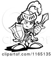 Cartoon Of A Black And White Tough Knight Holding Up A Shield And A Sword Royalty Free Vector Clipart
