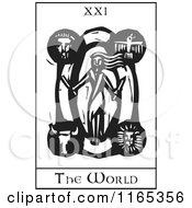 Clipart Of A Tarot Card Of The World Black And White Woodcut Royalty Free Vector Illustration by xunantunich