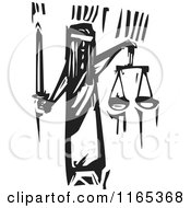 Clipart Of Lady Justice With Scales And A Sword Black And White Woodcut Royalty Free Vector Illustration by xunantunich