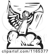 Clipart Of An Angel Blowing A Trumpet On A Cloud Black And White Woodcut Royalty Free Vector Illustration by xunantunich