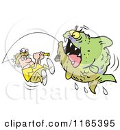 Cartoon Of An Aggressive Monster Fish Being Reeled In By A Scared Fisherman Royalty Free Vector Clipart by Johnny Sajem