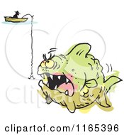 Cartoon Of A Fisherman Over A Hook And Aggressive Monster Fish Colored Outside Of The Lines Royalty Free Vector Clipart