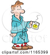 Cartoon Of A Tired Man Looking At A Grumpy Coffee Cup Royalty Free Vector Clipart
