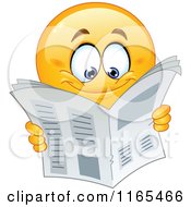 Cartoon Of A Happy Emoticon Smiley Reading A Newspaper Royalty Free Vector Clipart