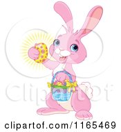 Poster, Art Print Of Cute Pink Easter Bunny Carrying A Basket And Holding A Glowing Egg