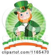 Poster, Art Print Of St Patricks Day Leprechaun Holding A Green Beer Over A Circle Of Rays And An Irish Banner