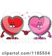 Cartoon Of Red And Pink Doily Hearts Holding Hands Royalty Free Vector Clipart