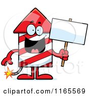 Cartoon Of A  Rocket Firework Mascot Holding A Sign Royalty Free Vector Clipart