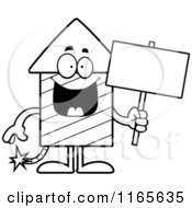 Poster, Art Print Of Black And White Cartoon Of A  Rocket Firework Mascot Holding A Sign Royalty Free Vector Clipart