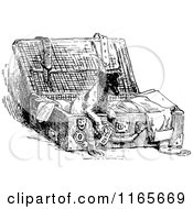 Clipart Of A Retro Vintage Black And White Dog Jumping From A Suitcase Royalty Free Vector Illustration