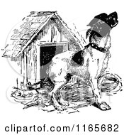 Clipart Of A Retro Vintage Black And White Dog By A Doggy House Royalty Free Vector Illustration