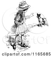 Clipart Of A Retro Vintage Black And White Teaching A Dog To Stay Royalty Free Vector Illustration