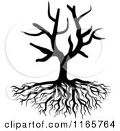 Clipart Of A Black And White Bare Tree And Roots Royalty Free Vector Illustration