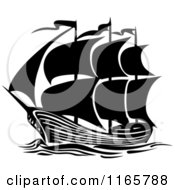 Clipart Of A Black And White Brigantine Ship Royalty Free Vector Illustration