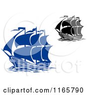 Clipart Of Blue And Black And White Brigantine Ships Royalty Free Vector Illustration