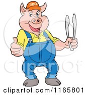 Pig Wearing Overalls And A Bbq Hat And Holding Tongs And A Thumb Up