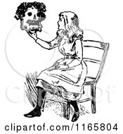 Clipart Of A Retro Vintage Black And White Girl Holding A Mask Royalty Free Vector Illustration