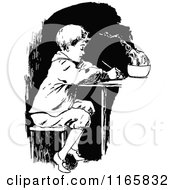 Clipart Of A Retro Vintage Black And White Boy Writing Royalty Free Vector Illustration