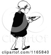 Clipart Of A Retro Vintage Black And White Boy Carrying A Board Royalty Free Vector Illustration