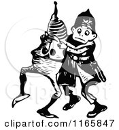 Clipart Of Retro Vintage Black And White Boys Dancing Royalty Free Vector Illustration
