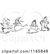 Clipart Of A Retro Vintage Black And White Boys Running Royalty Free Vector Illustration