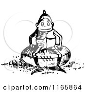 Clipart Of A Retro Vintage Black And White Boy Sitting Royalty Free Vector Illustration