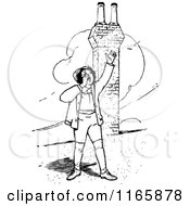 Clipart Of A Retro Vintage Black And White Boy Shouting On A Roof Royalty Free Vector Illustration