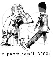Clipart Of A Retro Vintage Black And White Boy Sitting With A Toy Soldier Royalty Free Vector Illustration