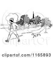 Clipart Of A Retro Vintage Black And White Boy And Dog Walking Royalty Free Vector Illustration