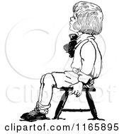 Clipart Of A Retro Vintage Black And White Boy Sitting On A Stool Royalty Free Vector Illustration