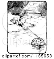Poster, Art Print Of Retro Vintage Black And White Boy Fishing A Pumpkin Head From A Stream