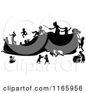 Clipart Of A Silhouetted Tiny Family Living In A Shoe Royalty Free Vector Illustration
