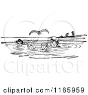 Clipart Of Retro Vintage Black And White People Swimming Royalty Free Vector Illustration