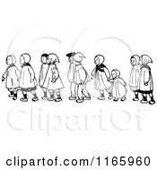 Clipart Of Retro Vintage Black And White Children Walking 2 Royalty Free Vector Illustration