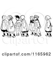Clipart Of Retro Vintage Black And White Children Walking Royalty Free Vector Illustration