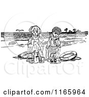 Clipart Of Retro Vintage Black And White Wet Overboard Kids On A Beach Royalty Free Vector Illustration
