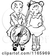Clipart Of Retro Vintage Black And White Children With An Instrument Royalty Free Vector Illustration