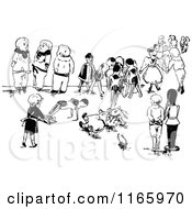 Clipart Of Retro Vintage Black And White Children And Dolls Royalty Free Vector Illustration