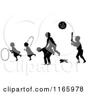 Silhouetted Children Playing Ball Leap Frog And Hula Hoops
