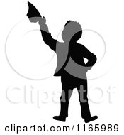 Clipart Of A Silhouetted Boy Holding Up His Hat Royalty Free Vector Illustration