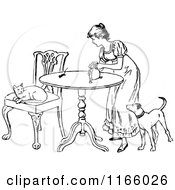 Clipart Of A Retro Vintage Black And White Woman With A Mouse Cat And Dog Royalty Free Vector Illustration