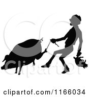 Poster, Art Print Of Silhouetted Farmer Carrying A Piglet And Tugging A String On A Pigs Foot